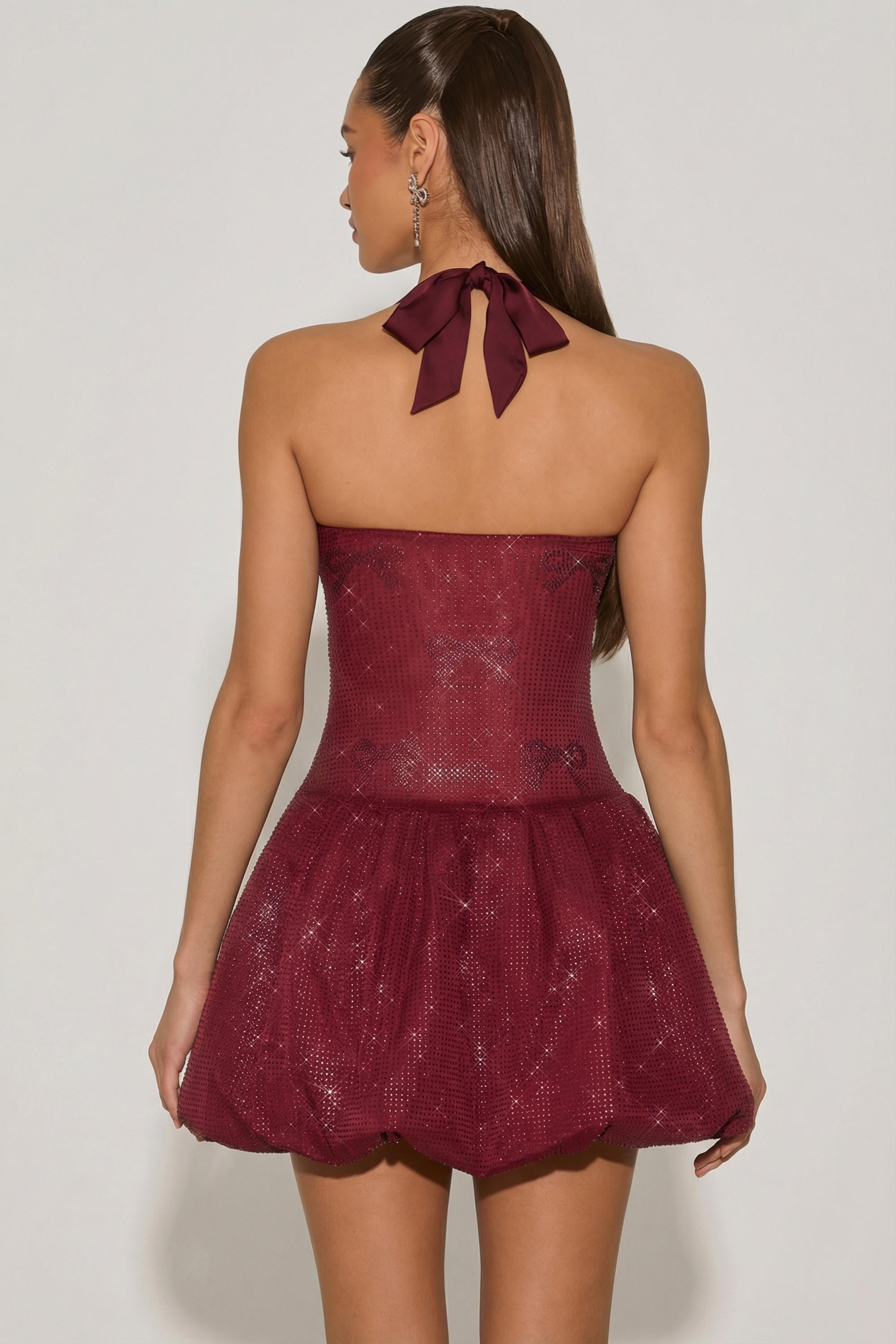 Embellished Halterneck Bubble Hem Mini Dress in Wine Red - 2