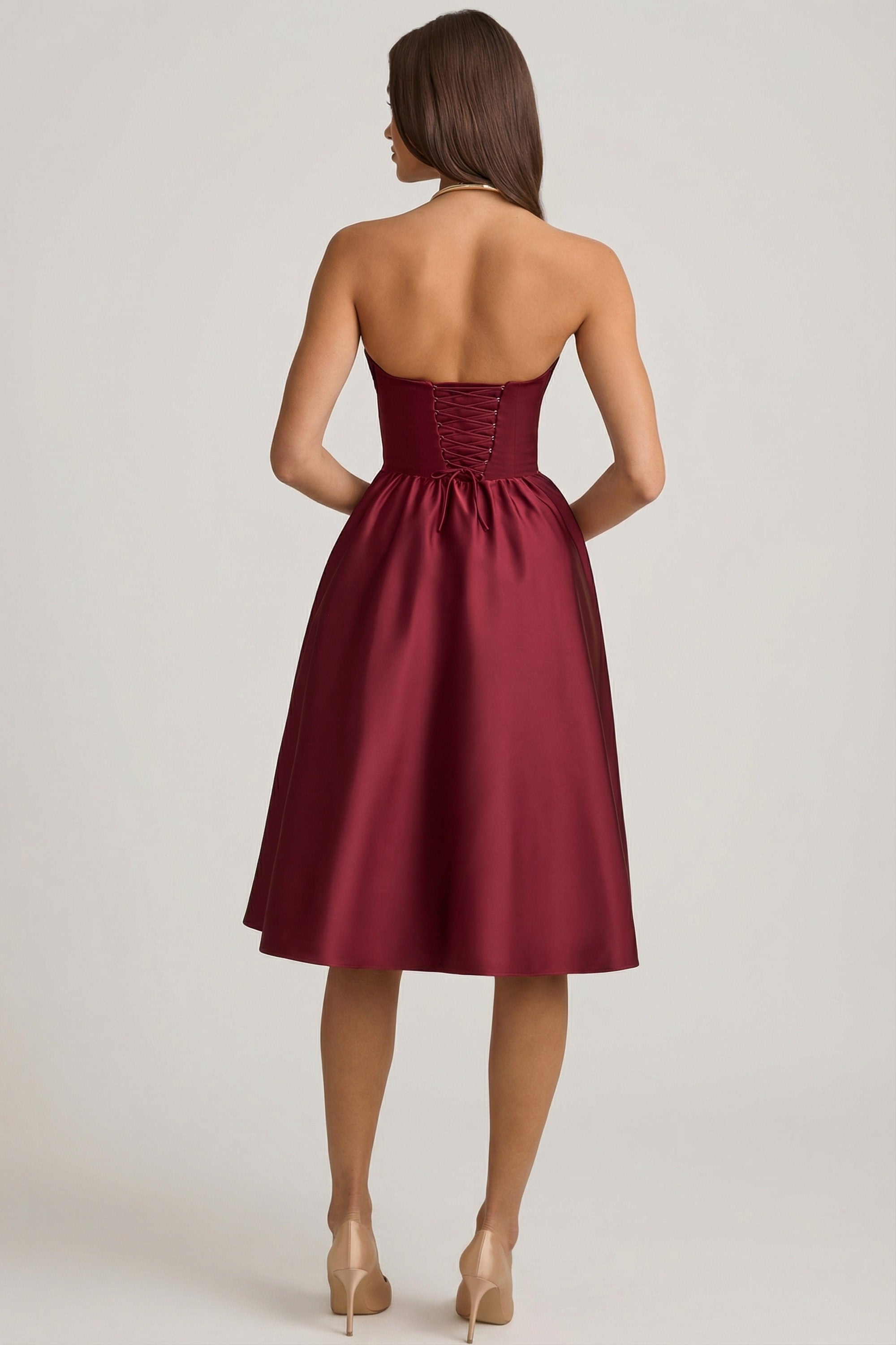 Strapless Corset Midi Dress in Wine Red - 2
