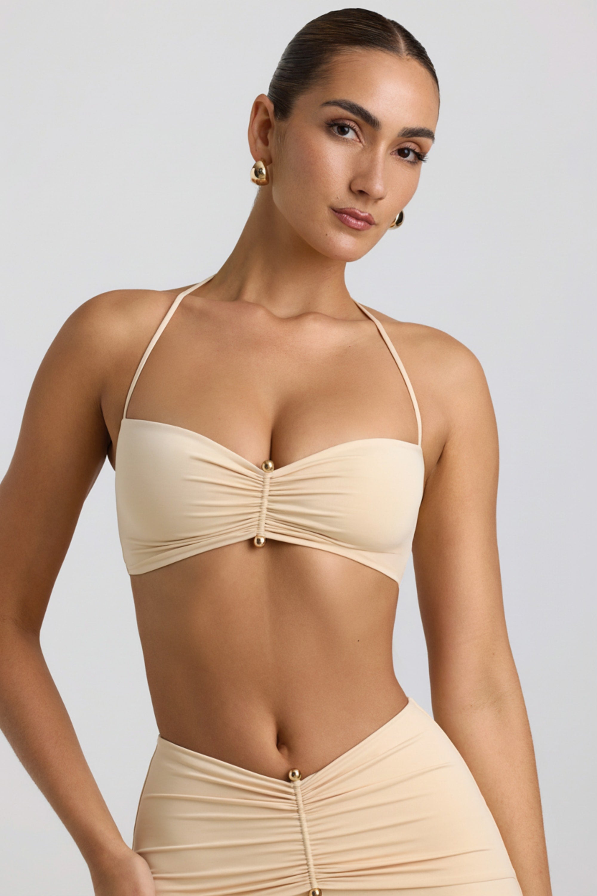 Slinky Jersey Hardware Detail Halterneck Bralette in Buttercream - 1