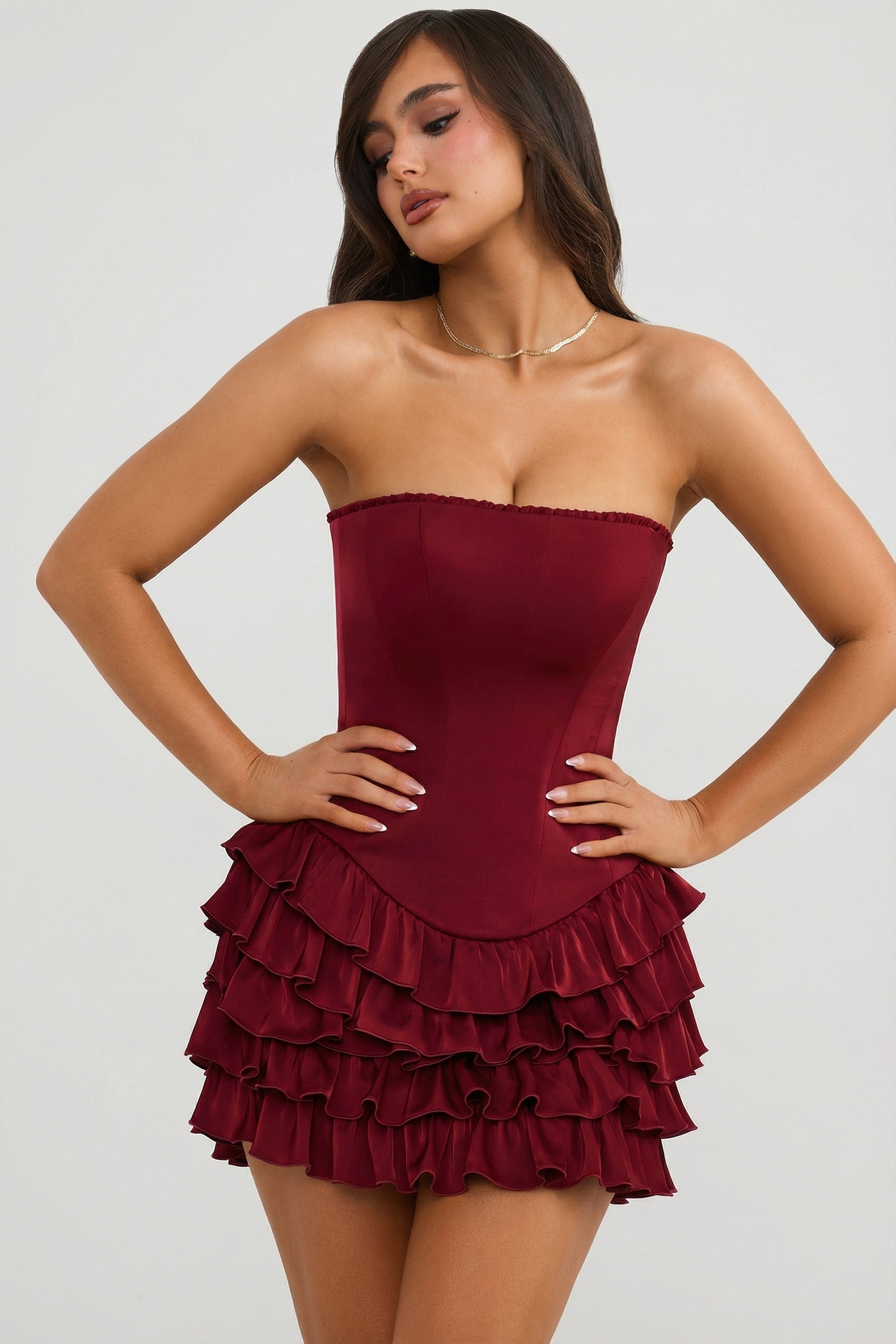 Bandeau Ruffled Tiered Corset Mini Dress in Berry Red - 1