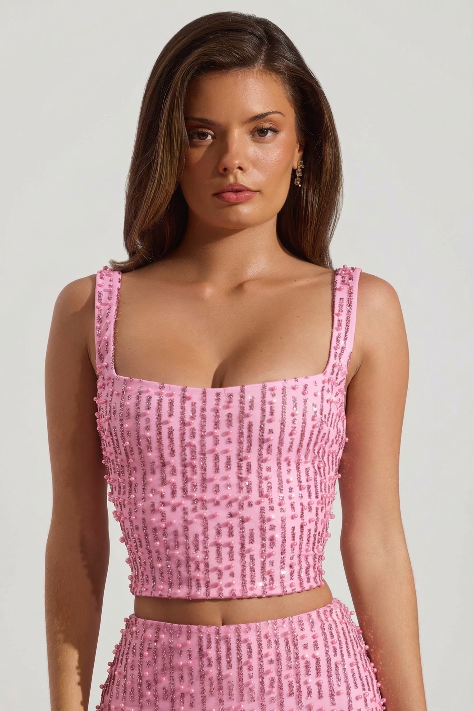 Embellished Square-Neck Crop Top in Pink - 1
