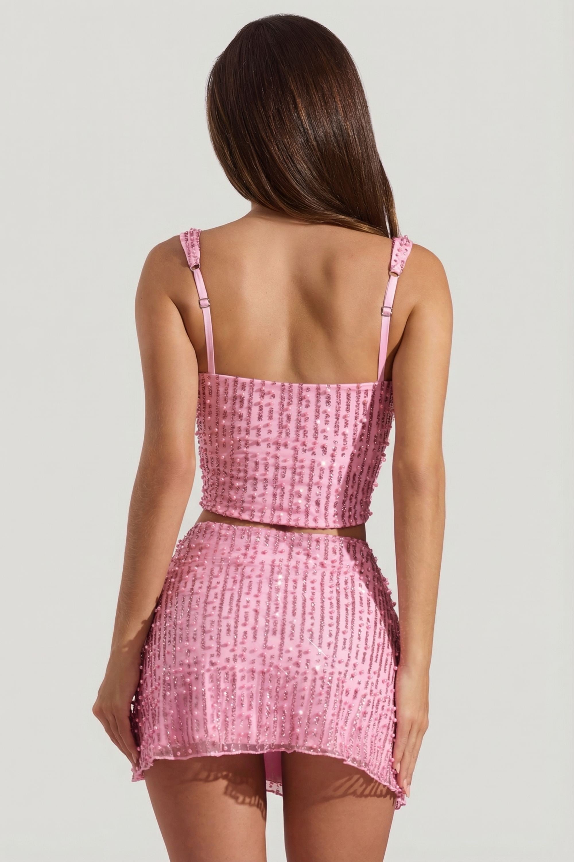 Embellished Square-Neck Crop Top in Pink - 2