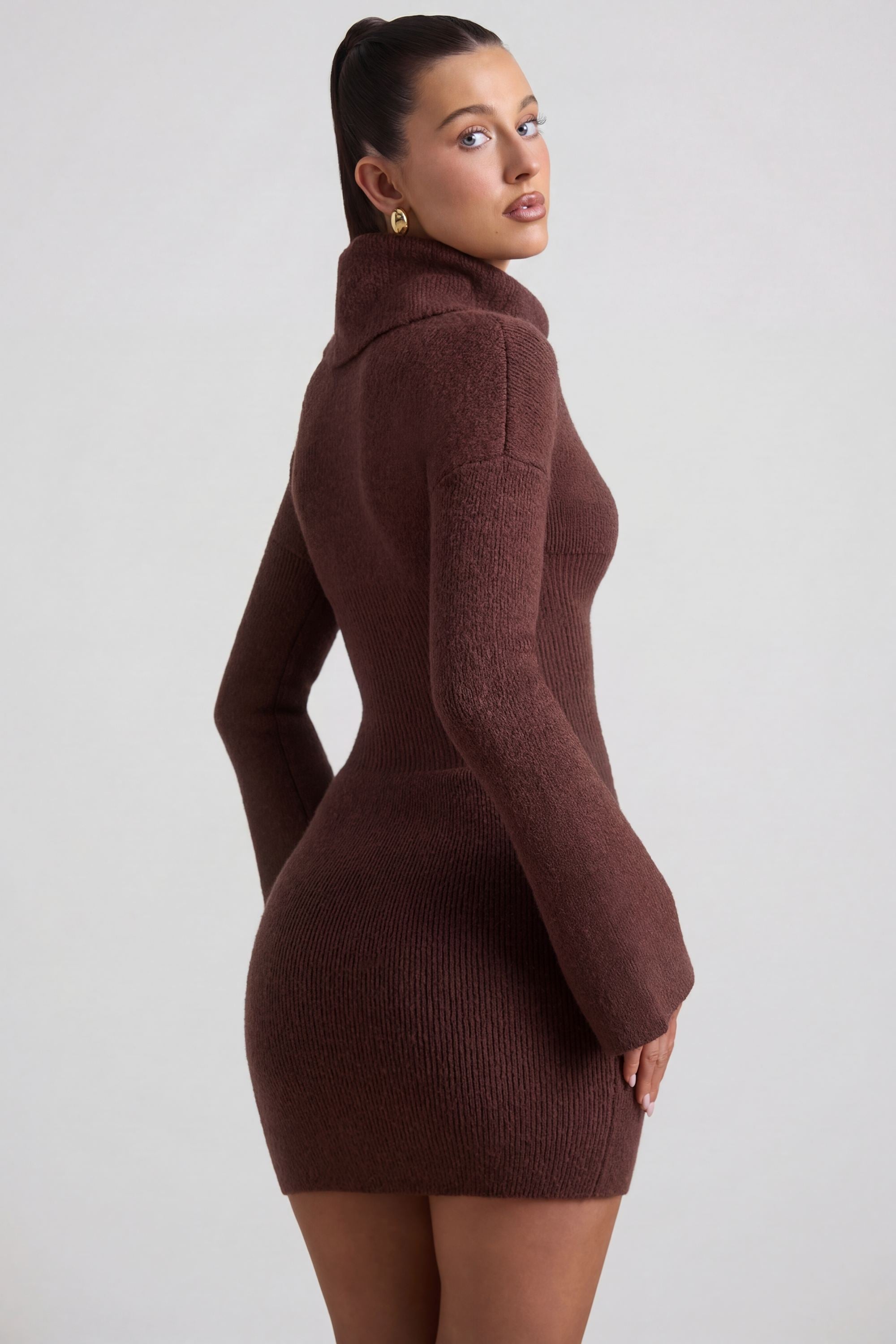 Ribbed-Knit Turtleneck Mini Jumper Dress in Espresso - 2
