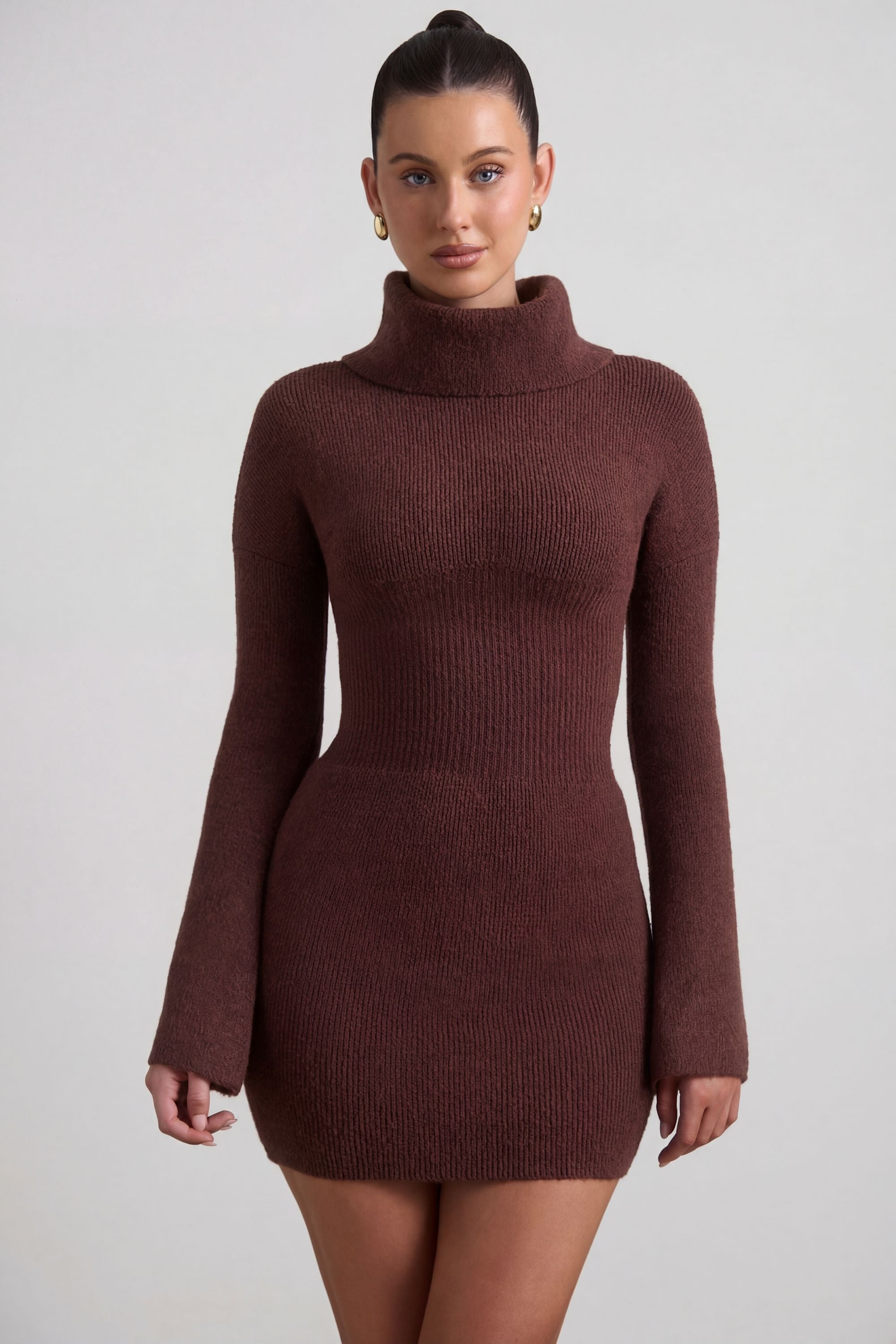 Ribbed-Knit Turtleneck Mini Jumper Dress in Espresso - 1