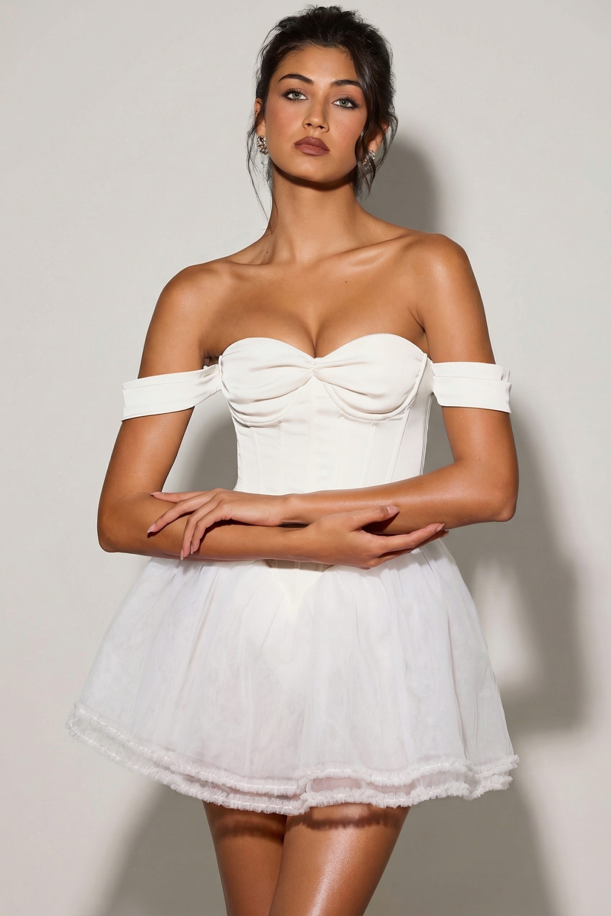 Off-Shoulder Layered Corset Micro Mini Dress in White - 1
