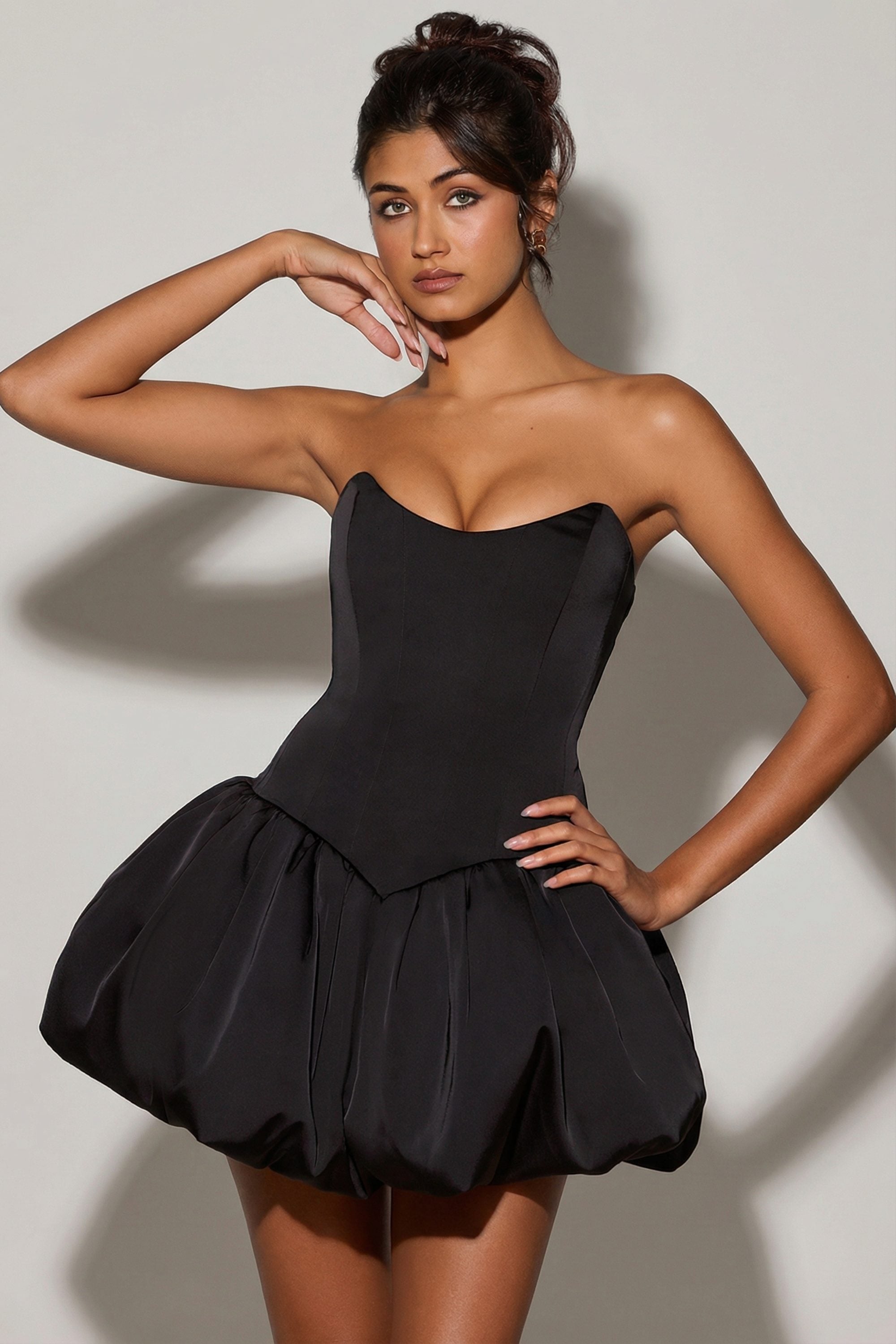 Lace-Up Bubble Hem Corset Micro Mini Dress in Black - 1