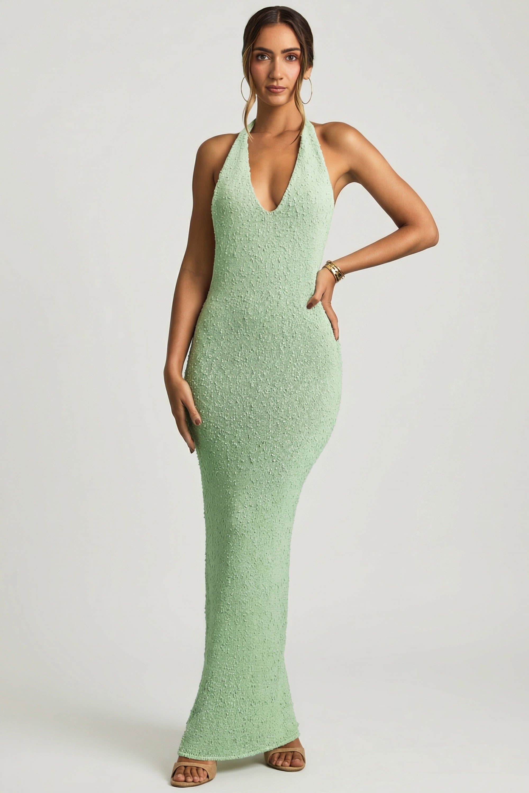 Bouclé Halterneck Maxi Dress in Mint - 2