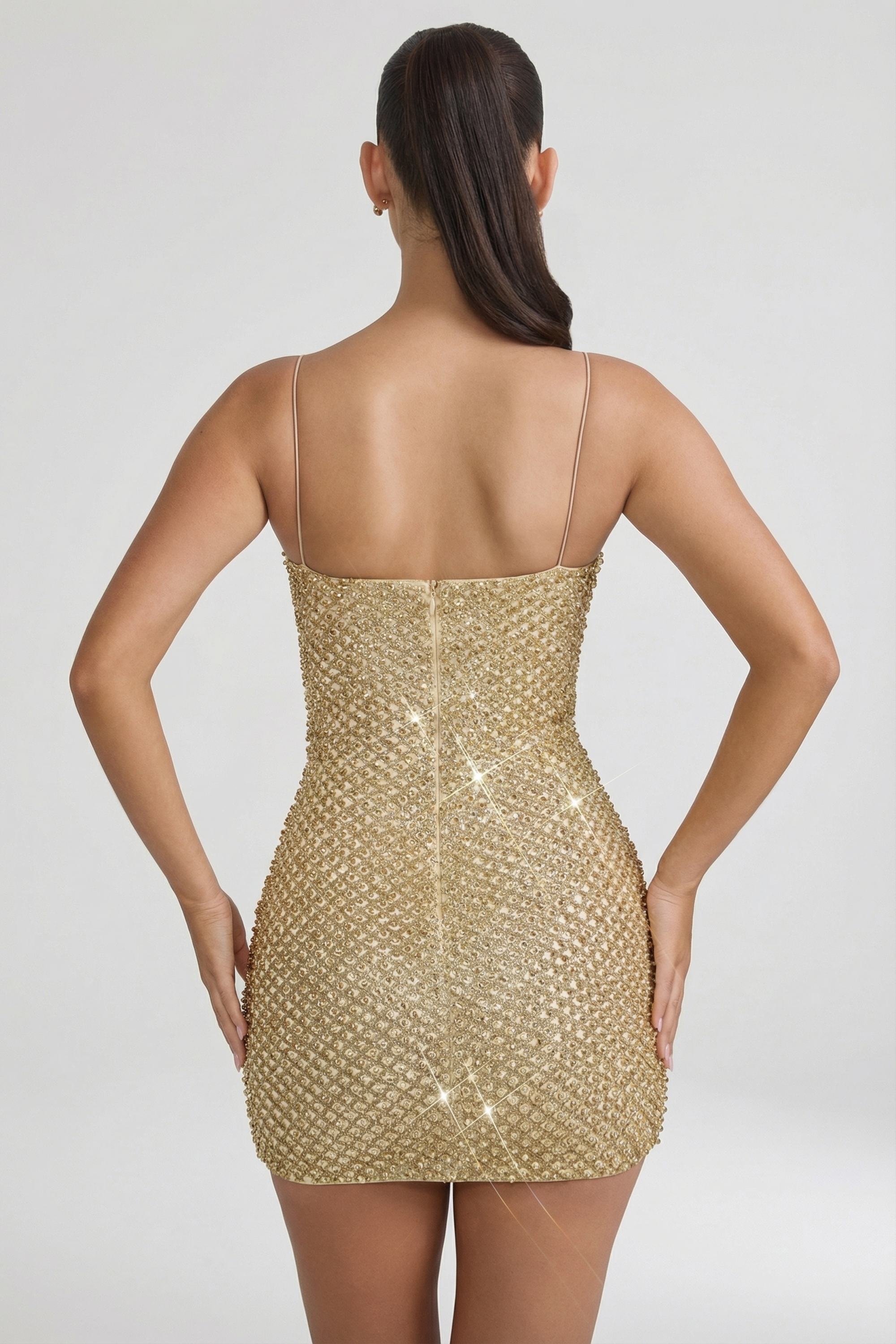 Embellished Sweetheart-Neck Mini Dress in Gold - 2