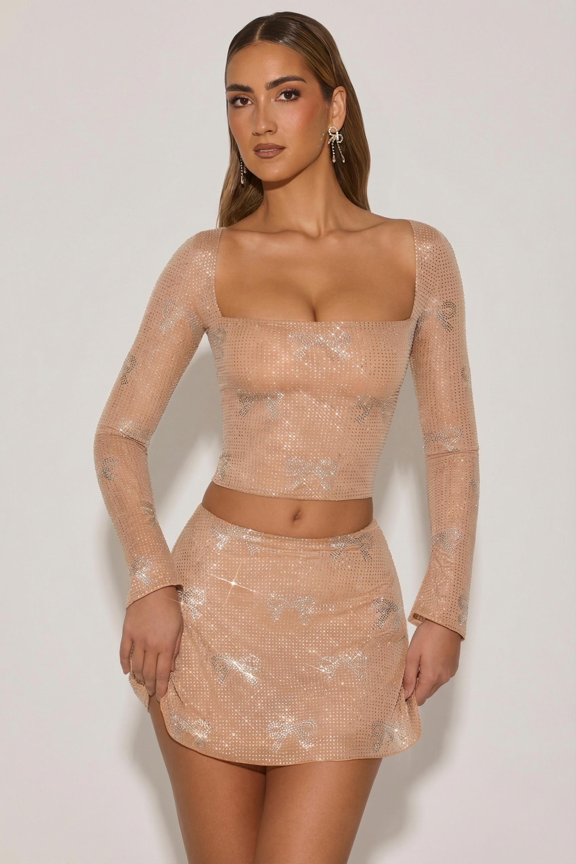 Embellished Bow-Detail Top in Almond - 1