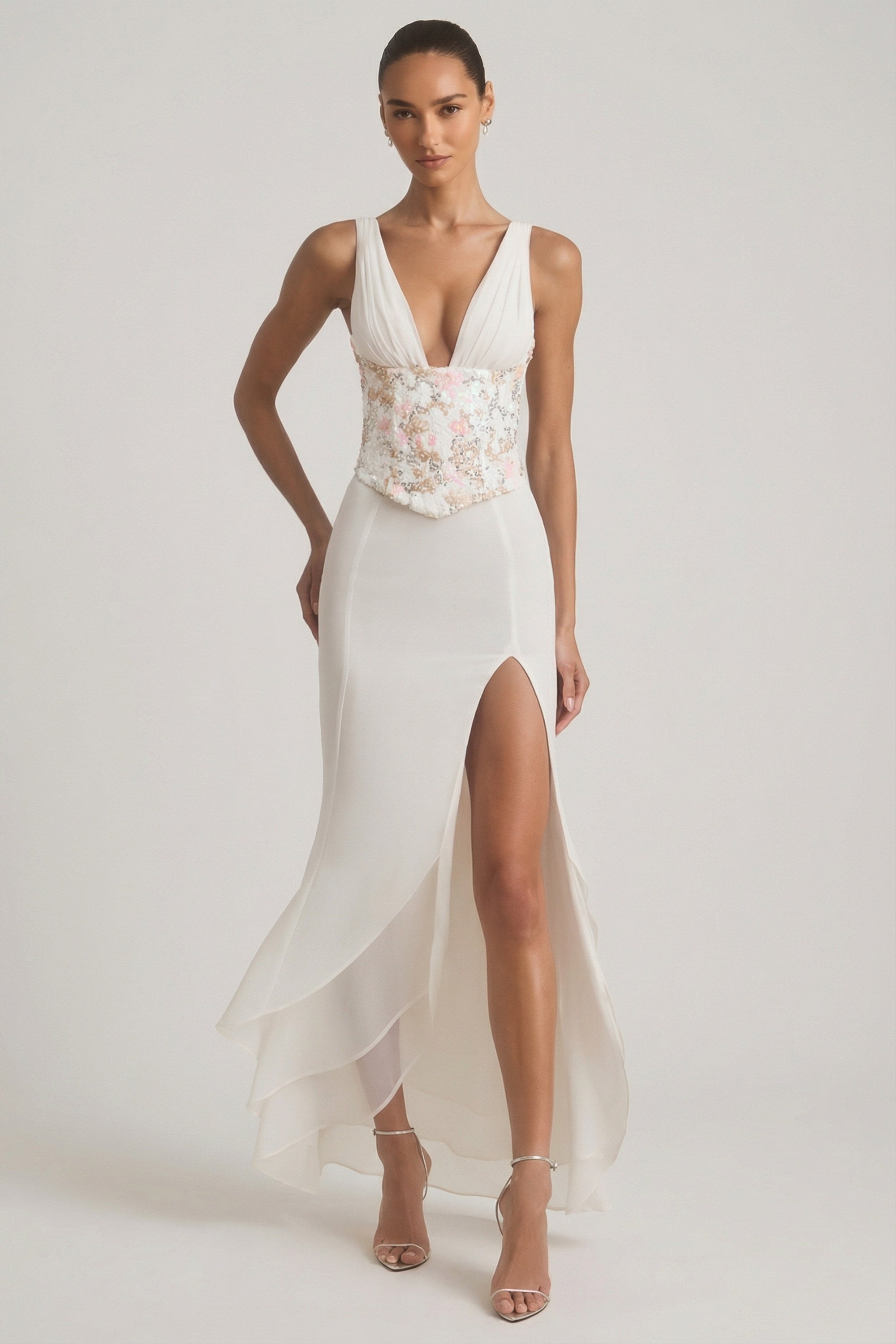 Embellished Plunge Ruffled Corset Maxi Dress in Ivory - 1