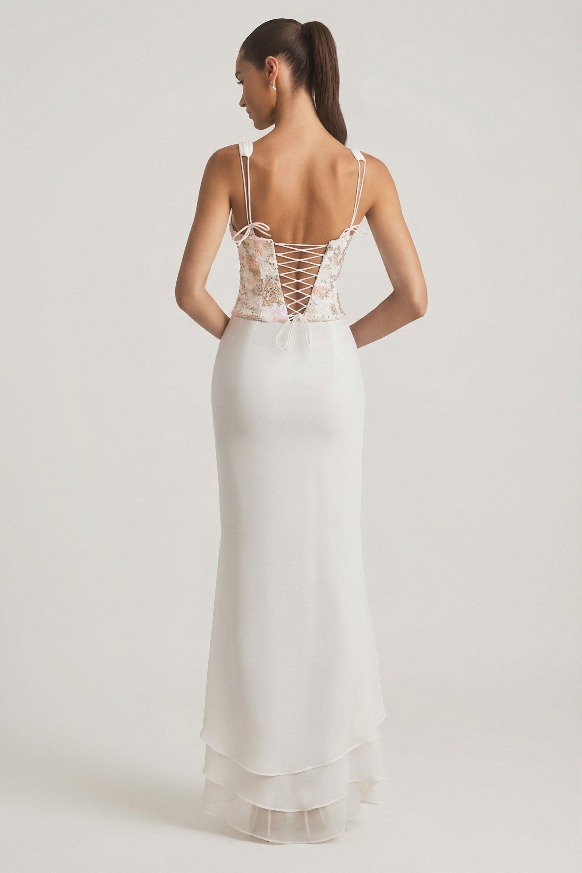 Embellished Plunge Ruffled Corset Maxi Dress in Ivory - 2