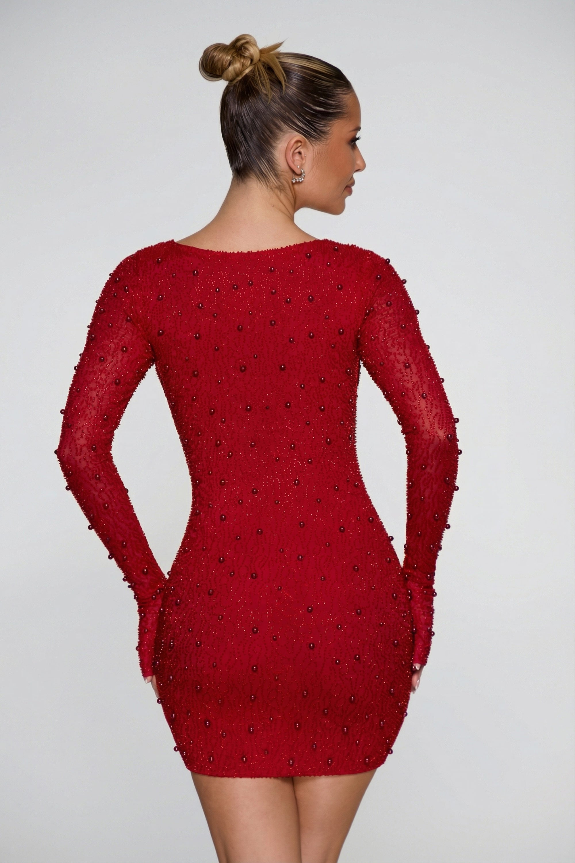 Long Sleeve Deep Plunge Mini Dress in Red - 2