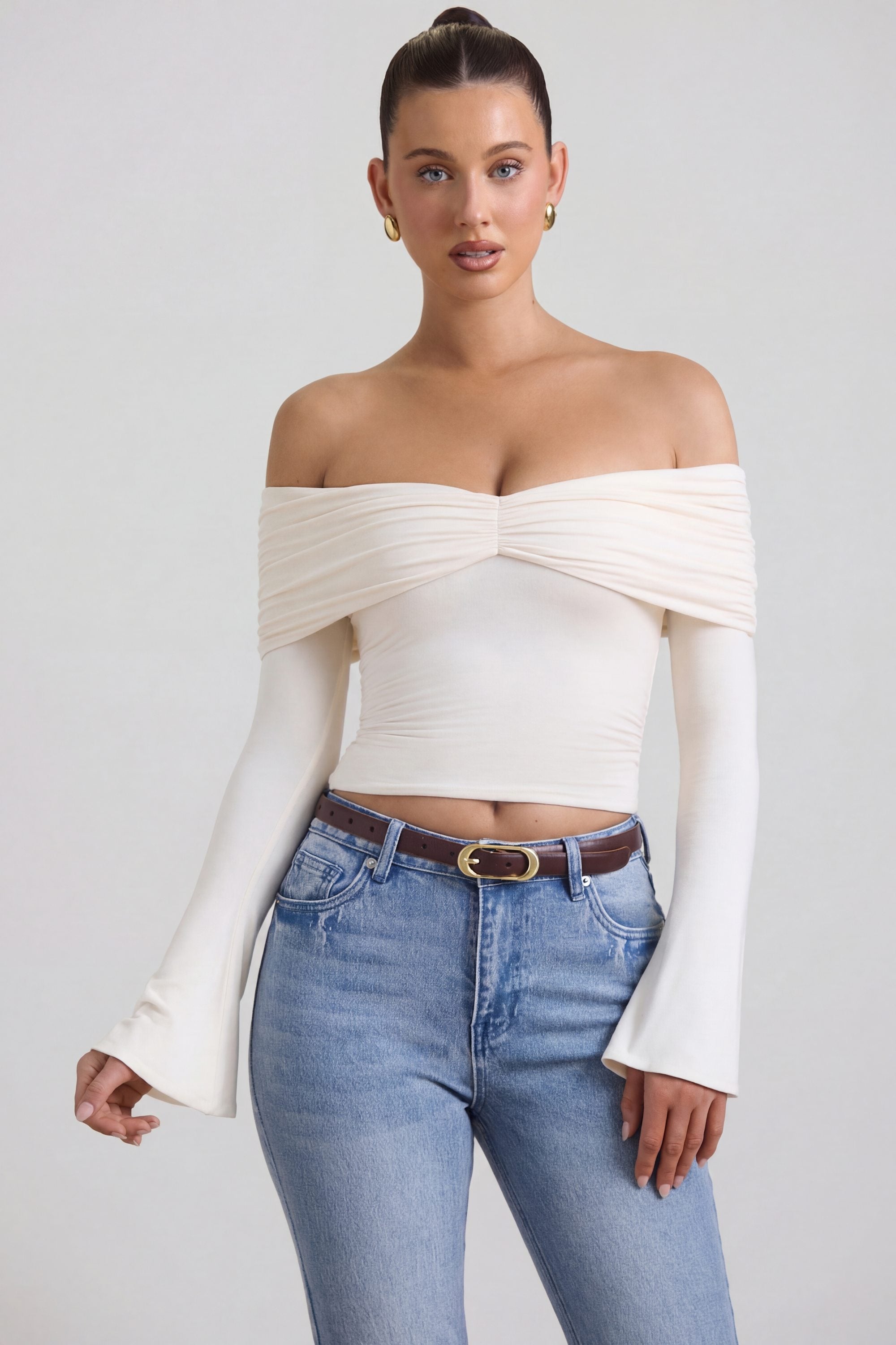 Modal-Cashmere Blend Off-Shoulder Ruched Top in Ivory - 1