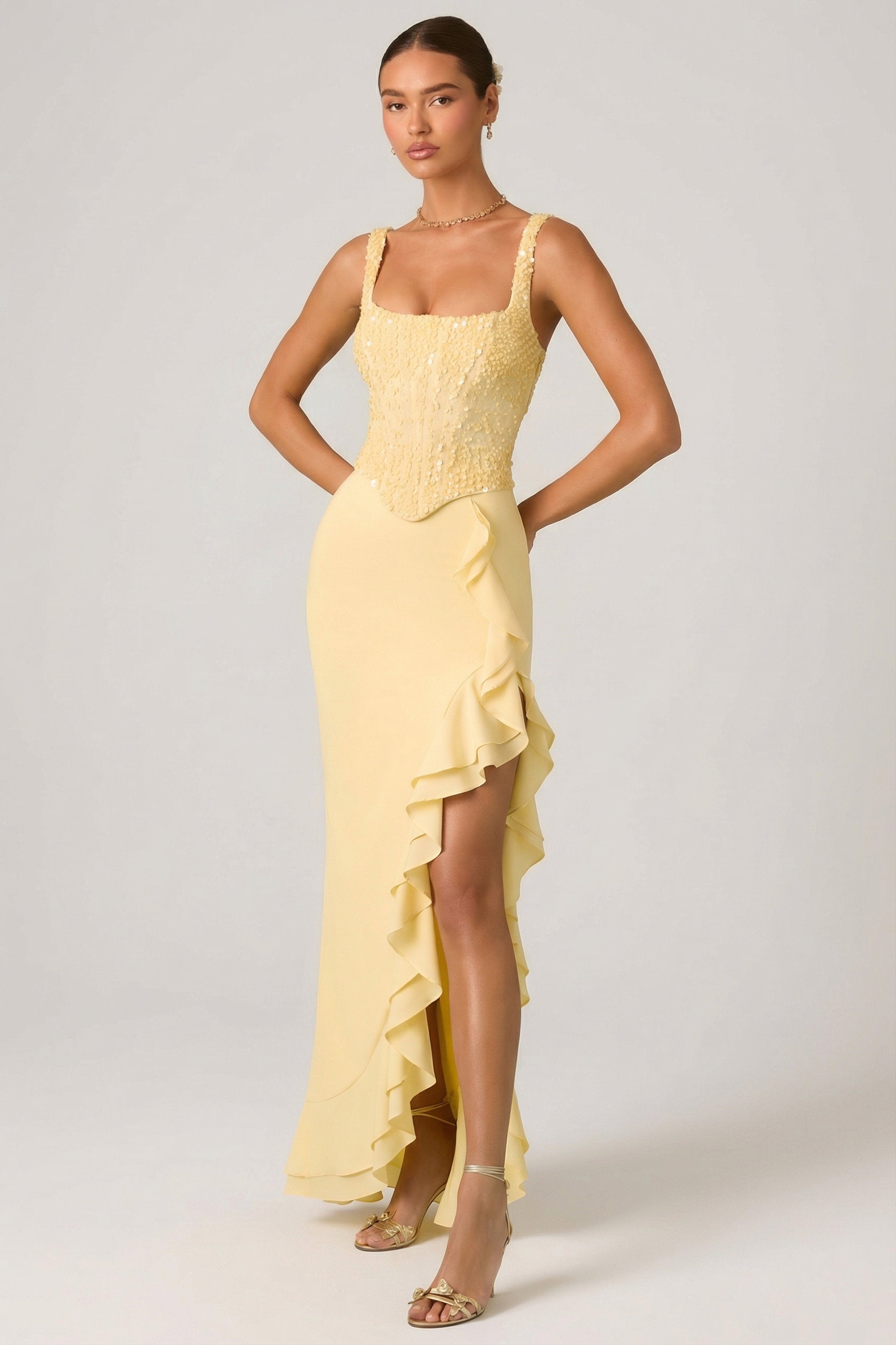 Embellished Ruffle-Trim Corset Gown in Yellow - 1