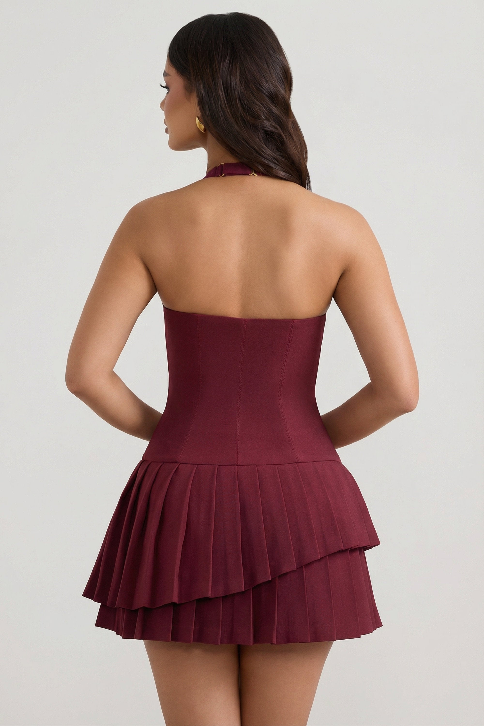 Asymmetric Layered Halterneck Mini Dress in Wine Red - 2