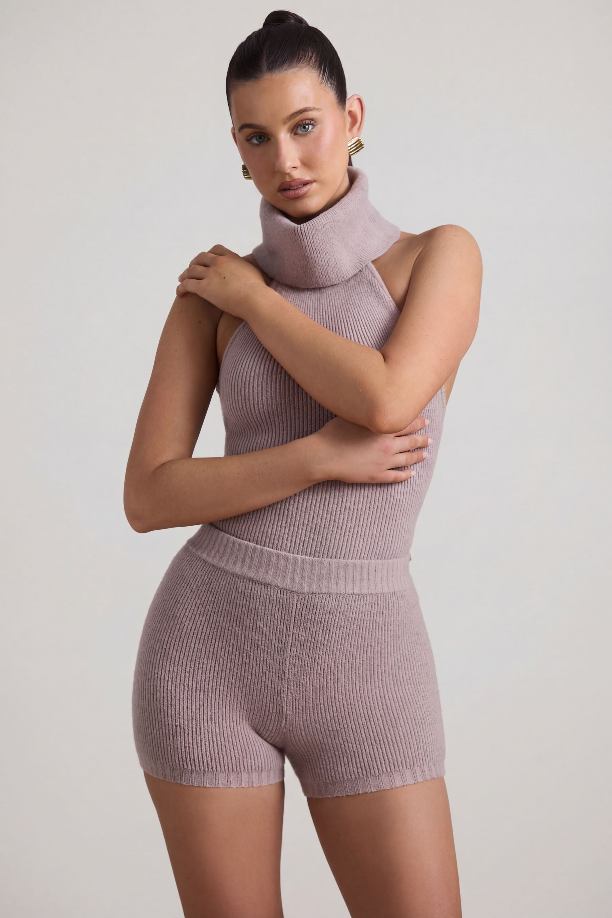 Ribbed-Knit Shorts in Taupe - 1
