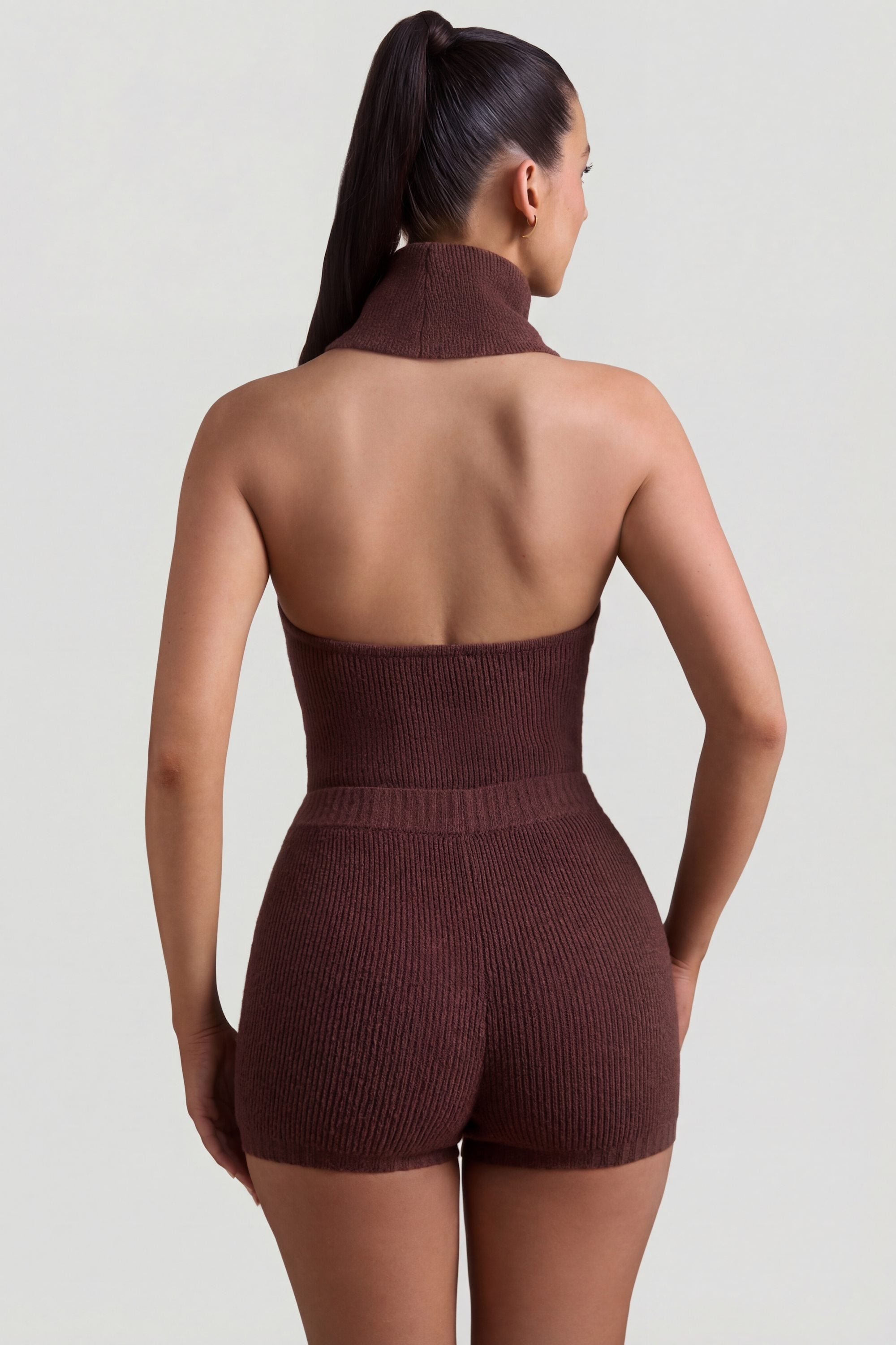 Ribbed-Knit Turtleneck Backless Top in Espresso - 2