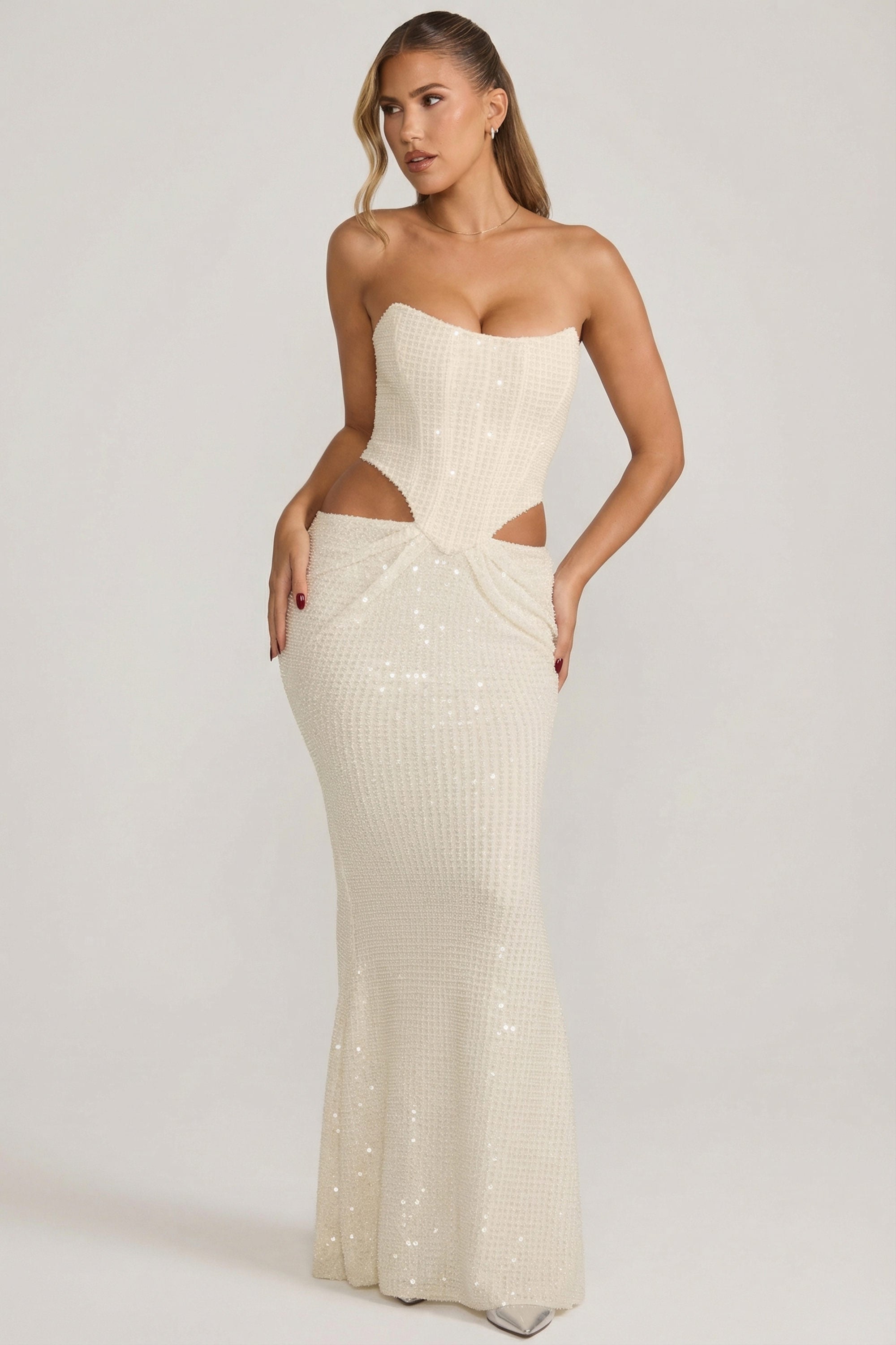 Embellished Cut-Out Draped Corset Gown in White - 1