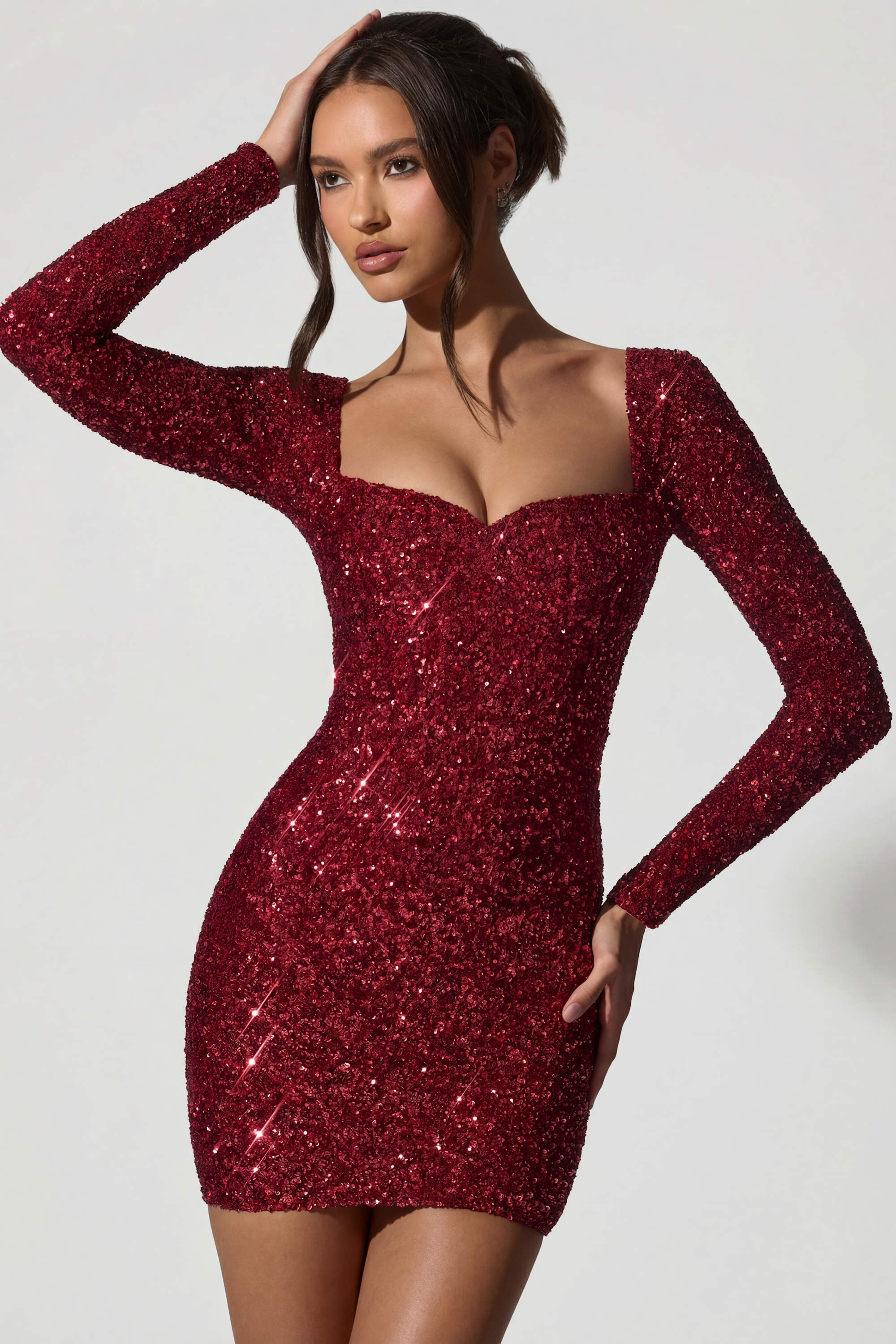 Embellished Sweetheart-Neck Mini Dress in Red - 1