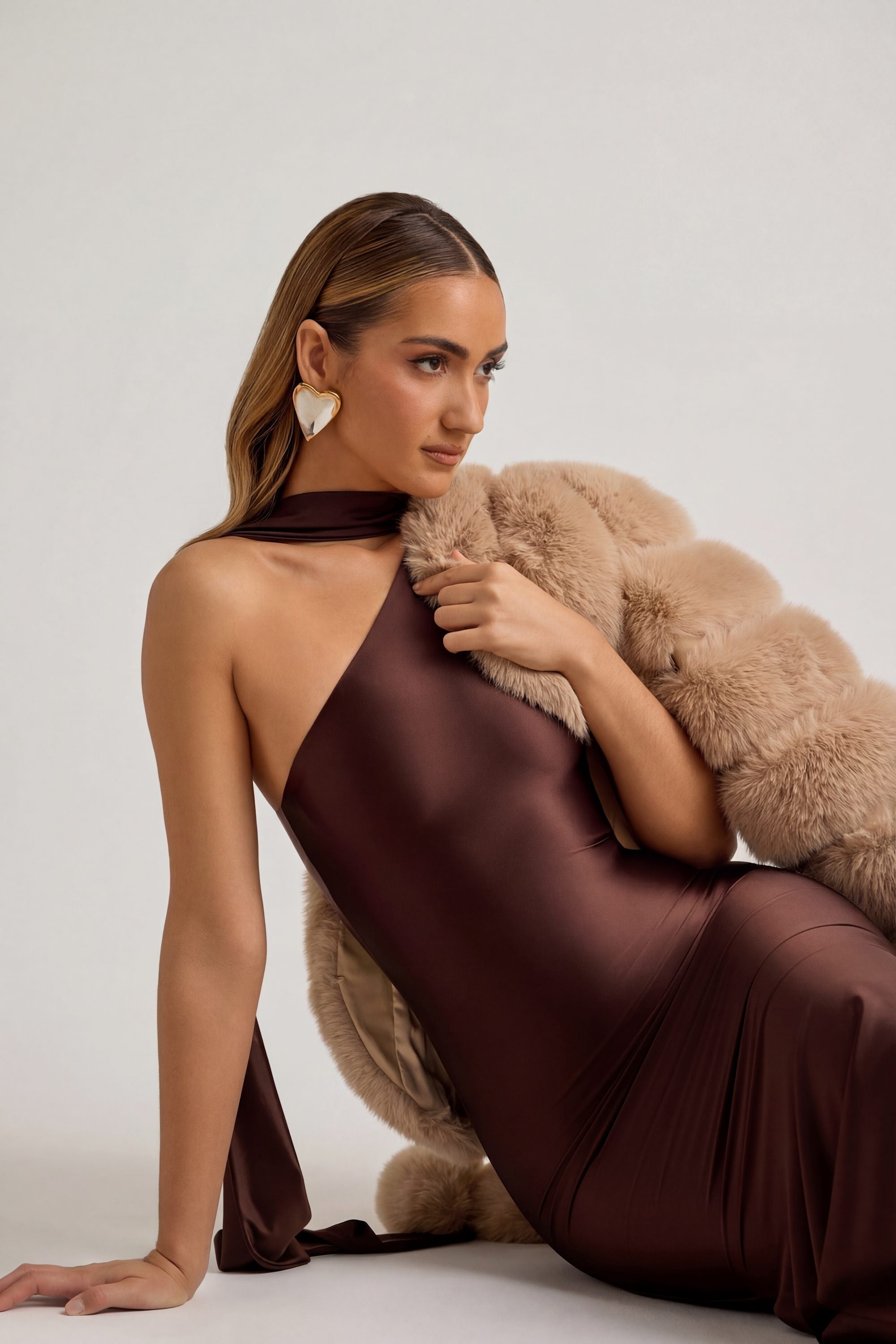 Asymmetric Scarf-Detail Midaxi Dress in Chocolate Brown - 2