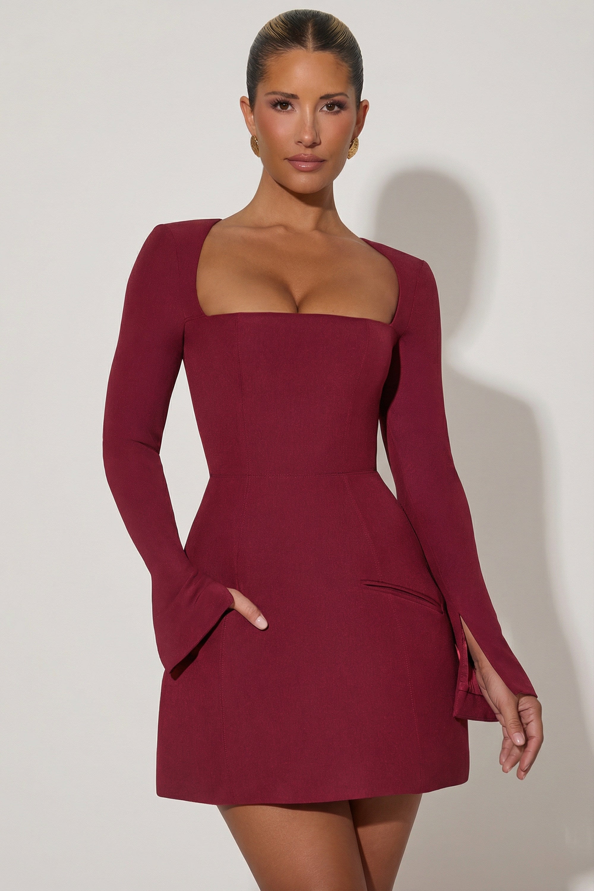 Square-Neck Structured Tulip Mini Dress in Wine Red - 1