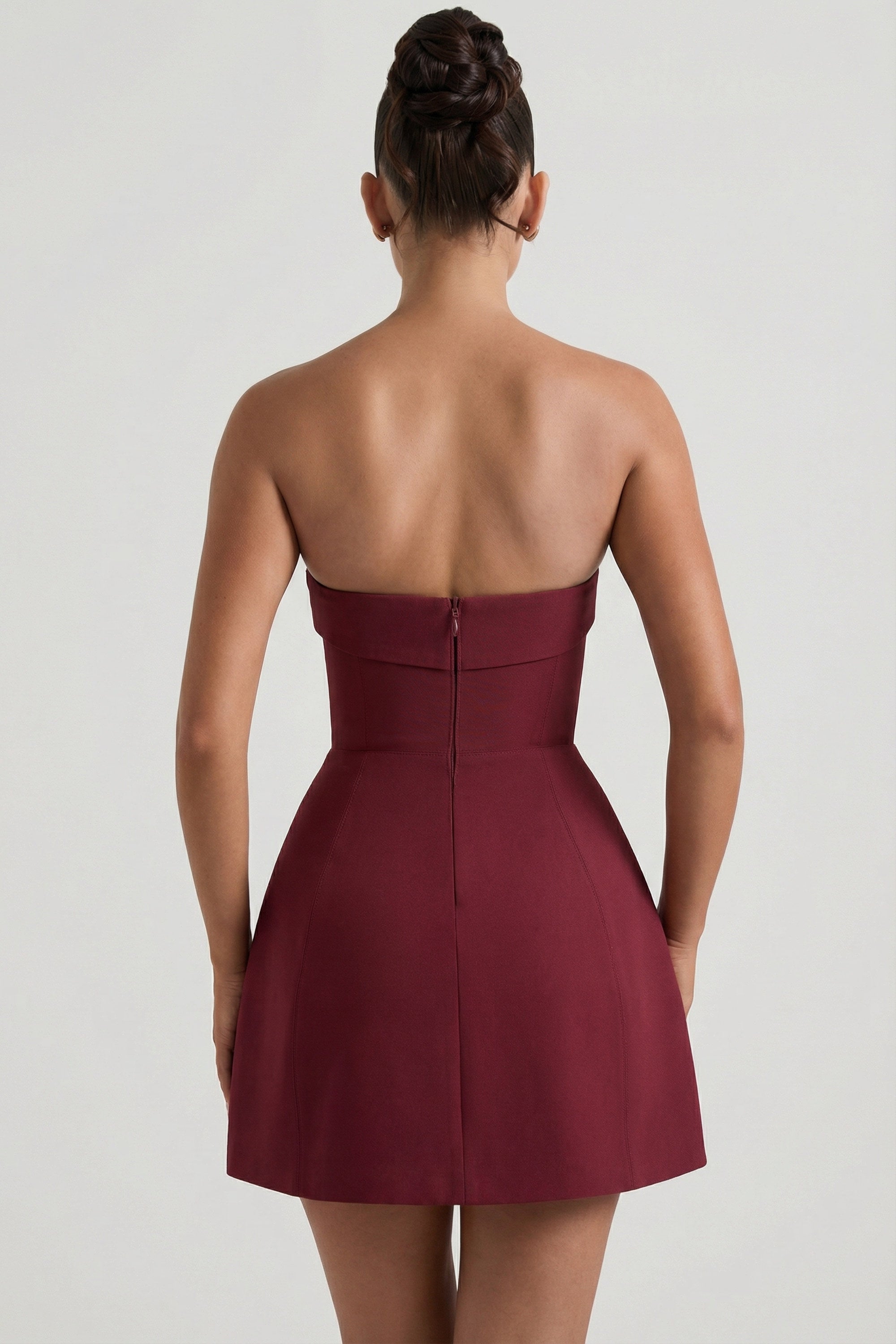 Foldover-Neck Strapless Structured A-Line Mini Dress in Wine Red - 2