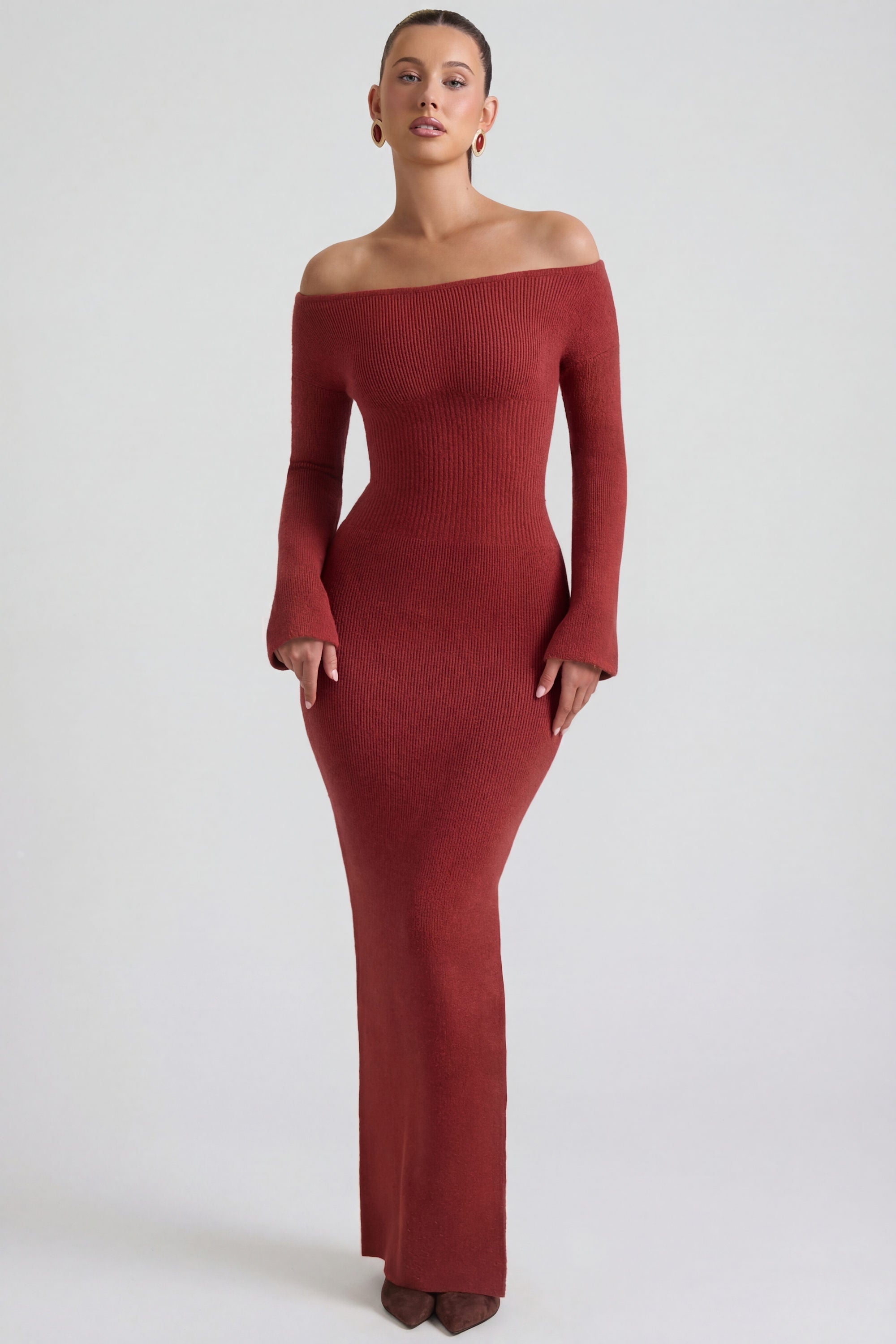 Ribbed-Knit Off-Shoulder Maxi Dress in Brick Red - 1
