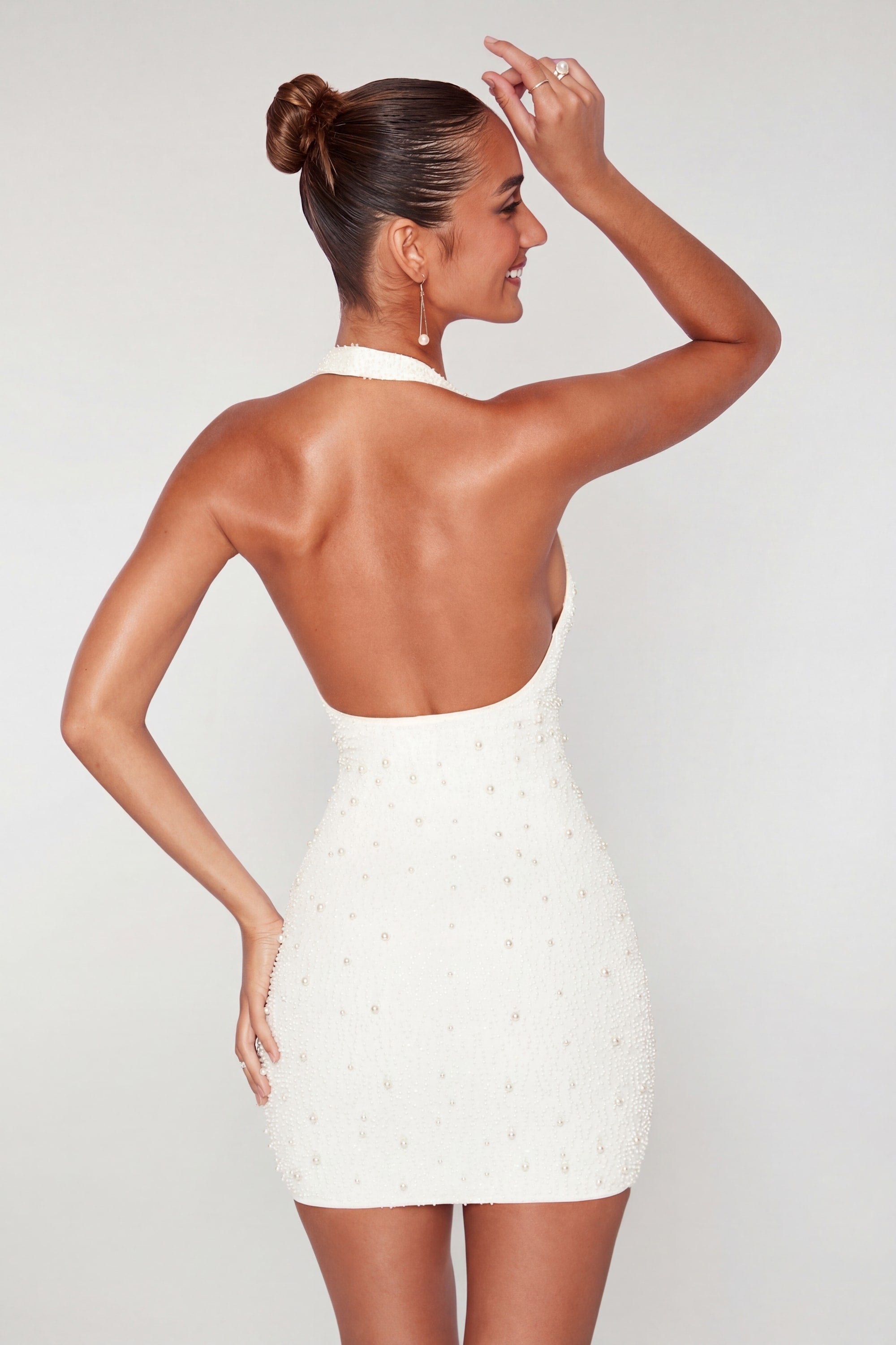 Deep Plunge Embellished Mini Dress in White - 2