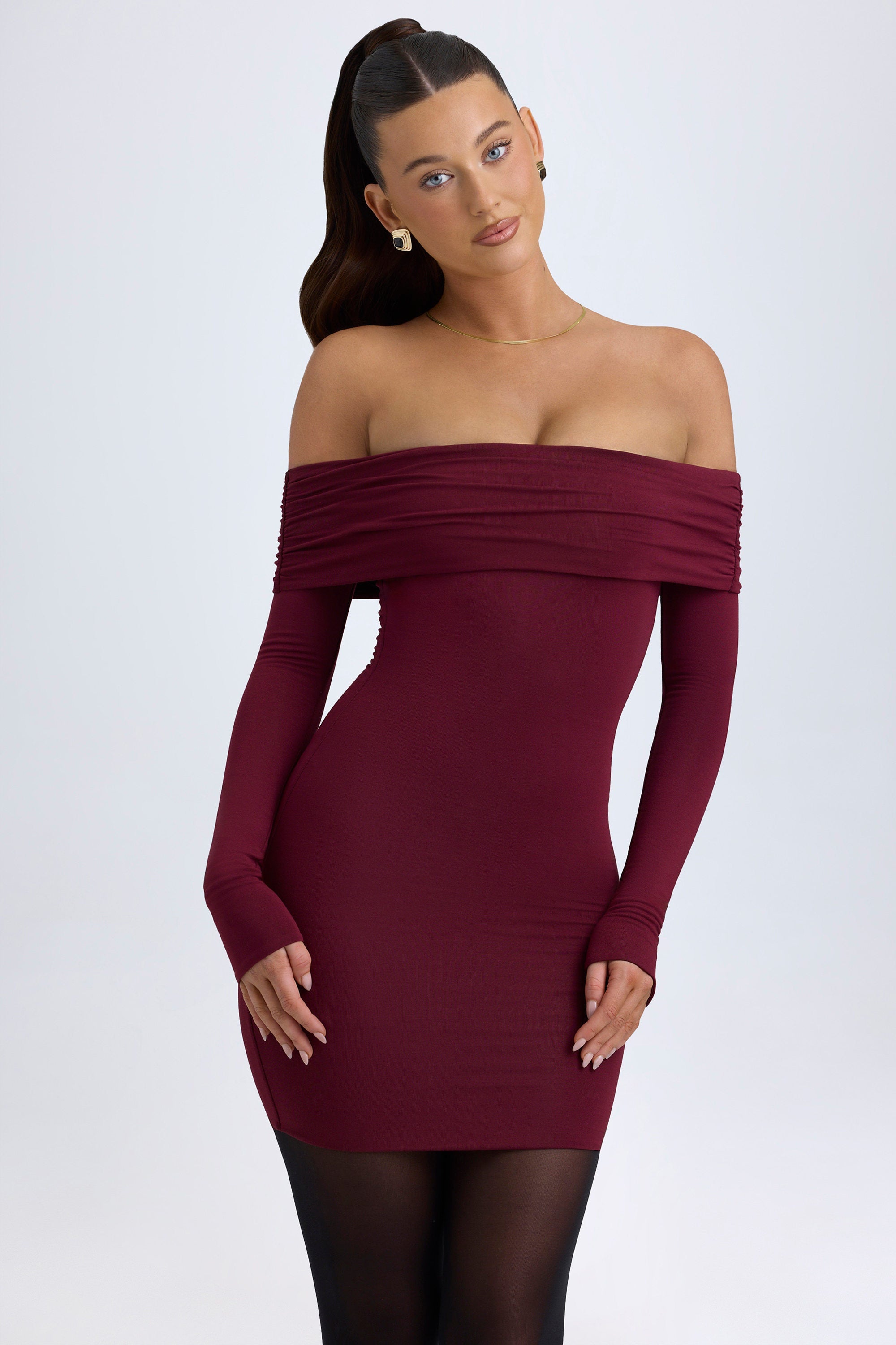Modal Off-Shoulder Mini Dress in Wine Red - 1