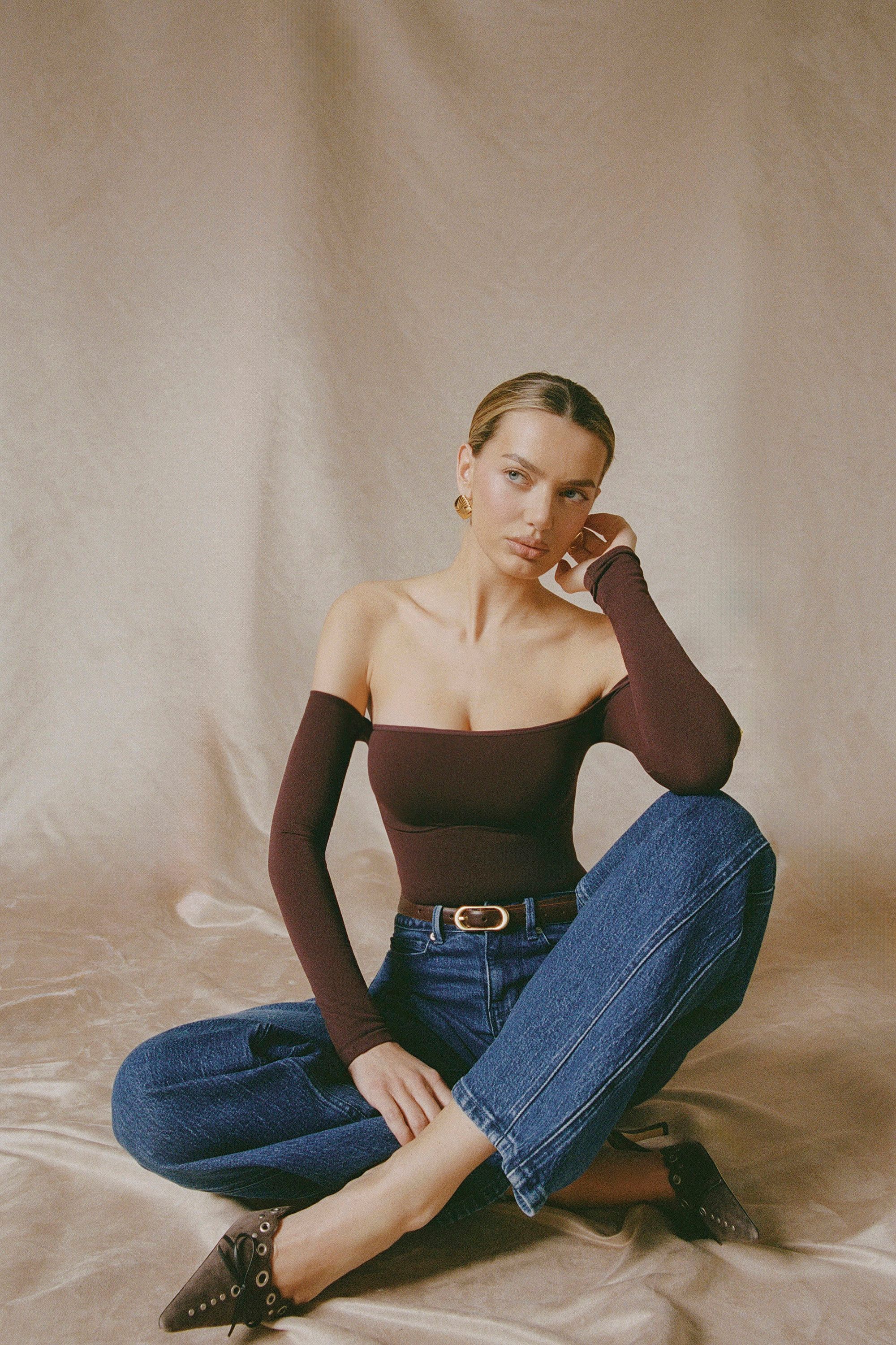 Seamless Off-Shoulder Long-Sleeve Bodysuit in Espresso - 1