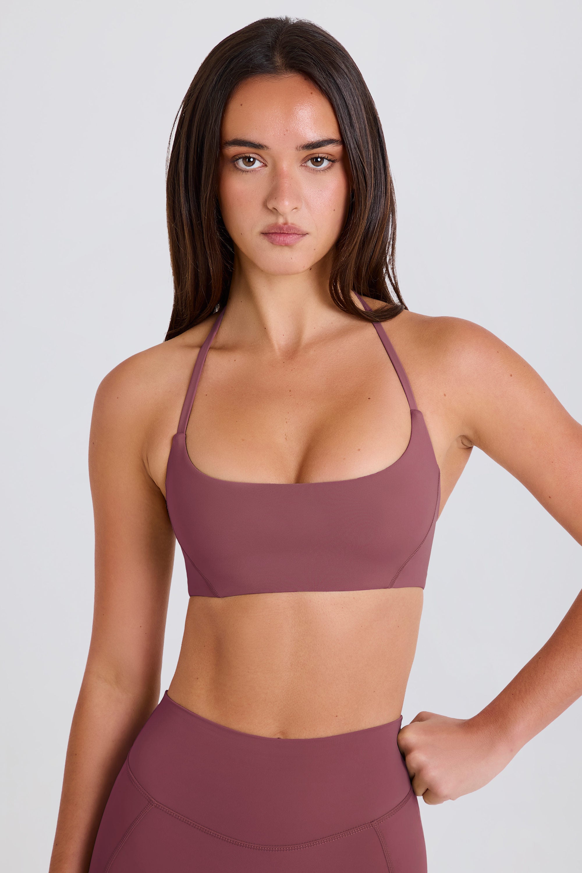 Scoop-Neck Halterneck Sports Bra in Acai - 1