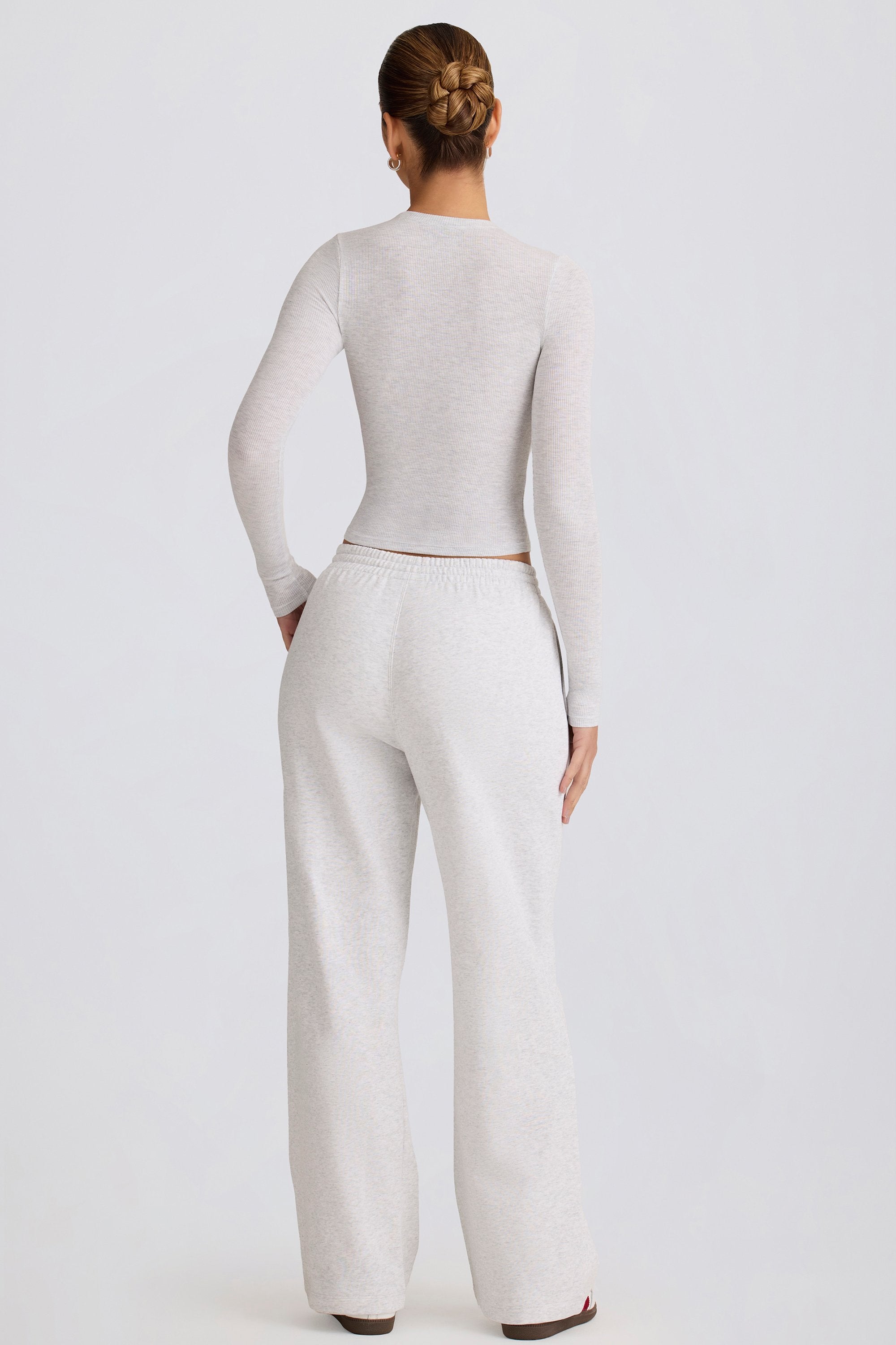 Soft Cotton Mid-Rise Wide-Leg Joggers in Grey Marl - 2