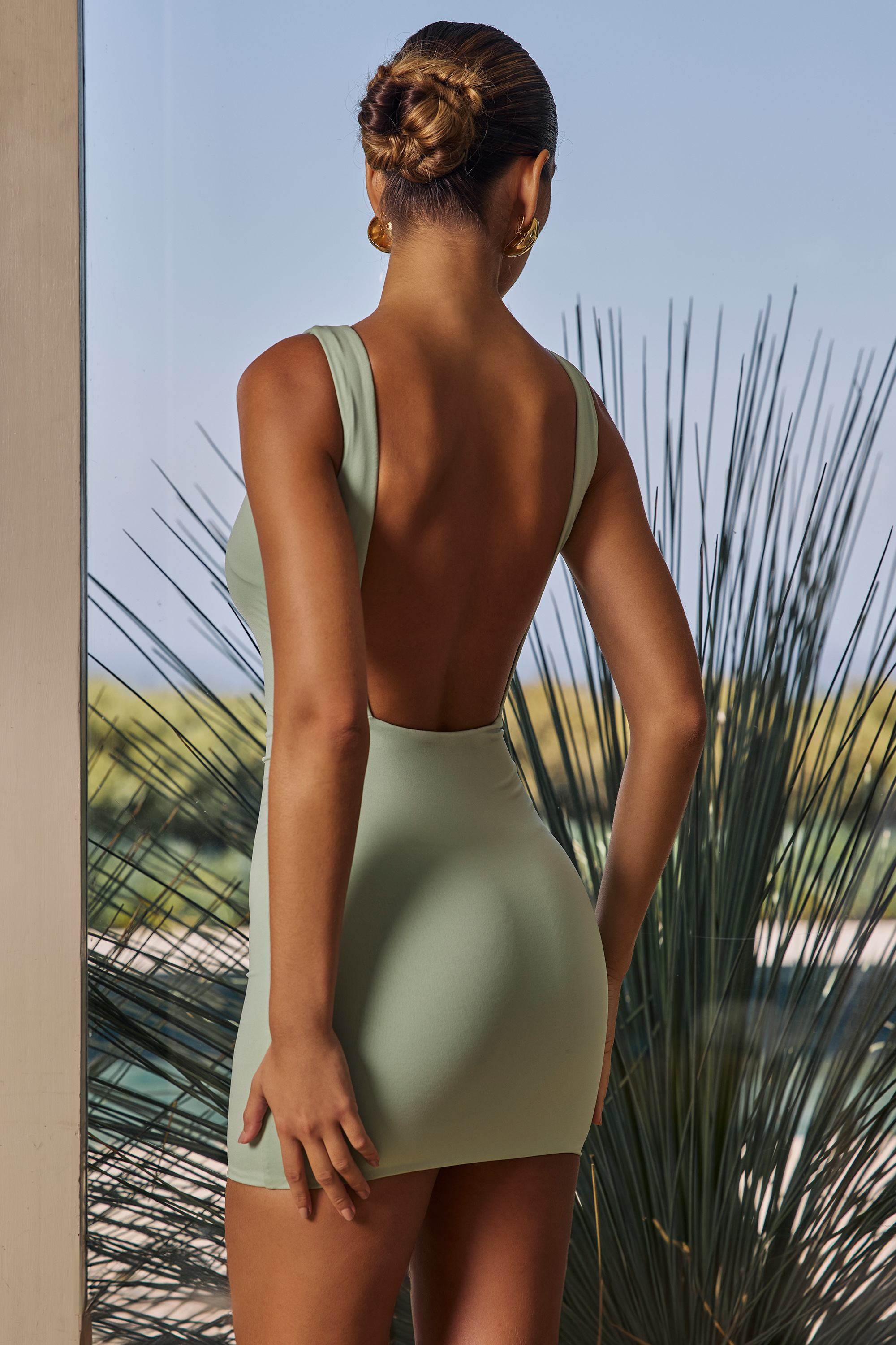 Draped Open-Back Mini Dress in Green - 2